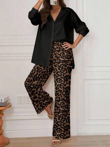 SHEIN LUNE 2pcs Set Women Casual Minimalist Leopard Print Long Sleeve Blouse Autumn And Winter