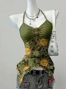 SHEIN EZwear Áo ba lỗ cổ yếm in hình mặt trời phong cách Punk cổ điển dành cho nữ, viền bất đối xứng, kết nối hình tròn - Nhiều màu - Xem 3