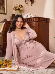 Conjunto de pijama de 2 piezas con parches de encaje elegante talla grande, ropa de otoño - Rosa vieja - Ver 3