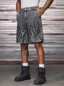 AXEPEAK 男士夏季时尚水钻装饰牛仔短裤，Emo 风格 - 灰色 - 查看 6