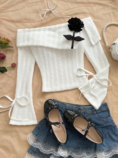 Soleia Women's 3D Floral Decor Off Shoulder Flare Sleeve Fashion T-Shirt Off The Shoulder Crop Top  White Top Elegant Women's Tops New Year Women Fall Clothes For Women Winter Clothes For Women