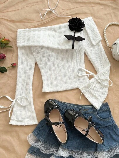 Soleia Women's 3D Floral Decor Off Shoulder Flare Sleeve Fashion T-Shirt Off The Shoulder Crop Top  White Top Elegant Women's Tops New Year Women Fall Clothes For Women Winter Clothes For Women