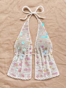 Soleia Sexy V-Neck Spaghetti Strap Backless Tie-Up Faux Scales Decor Women's Knit Camisole, Suitable For Holiday, Date, Afternoon Tea, Vacation, Music Festival, Bohemian, Seaside, Beach, Summer - Beige - View 6