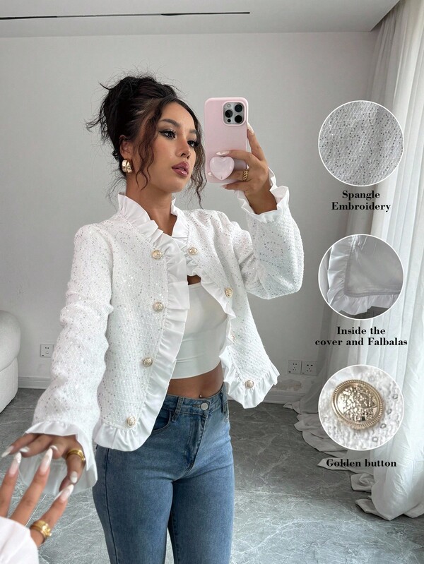 Elenzga Women's Solid Color Button Decor Long Sleeve Ruffle Trim Jacket