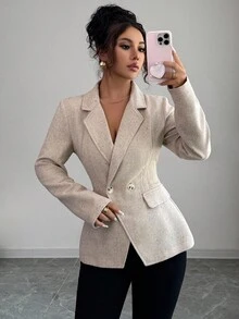 Siren Gaze 女士优雅双排扣西装外套，通勤必备，适合通勤、秋季、冬季、商务休闲、办公室、工作场合，商务职业女性适用，粗花呢西装外套，修身腰部设计，通勤百搭，简约风格，办公室必备，复古韵味，简约棕色 - 卡其色 - 查看 3