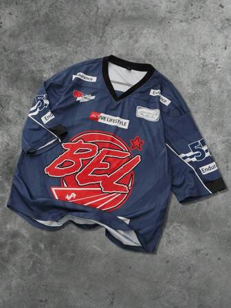 Prep Camiseta de hockey vintage estilo deportivo callejero Y2K para hombres, de manga corta, para verano