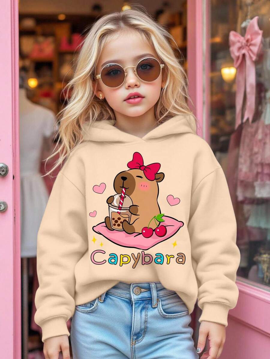 SHEIN 可爱的水豚图案，奶油色和米色配色方案，年轻女孩休闲宽松圆领舒适日常穿着针织长袖运动衫，适合秋冬季