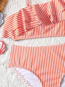 SHEIN Tween Girls Casual Multi-Layer Ruffle Asymmetric Shoulder Strap Bikini Set, Beach Holiday, Summer Beach, Striped Two Piece Swimsuit, Girls Striped Swimsuit, Ruffle Swimsuit, Tween Two Piece Swimsuit, Teen Bathing Suit