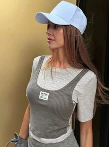 DAZY 女士休闲拼色拼接T恤，夏季 - 灰色 - 查看 5