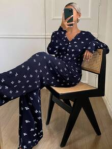 DAZY Bow Allover Print Women Pajama Set, Fall Winter Clothes - Navy Blue - View 3