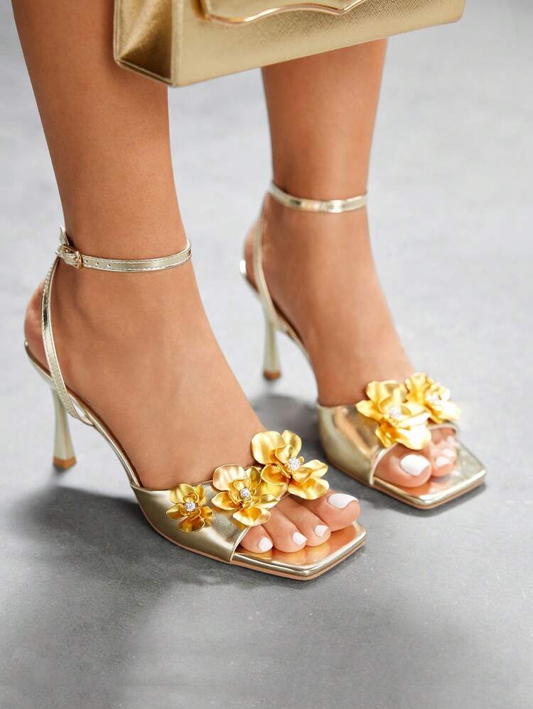 CUCCOO SZL Women's Metal Flower Pointed Toe Stiletto Heel Sandals With Ankle Strap, Shallow Gold Color PU Metal Material Sexy High Heel Sandals