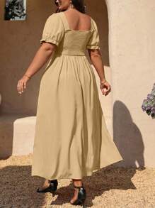 SHEIN Clasi Plus Size Summer Simple Solid Color Sweetheart Neck Side Ruched Dress - Apricot - View 2