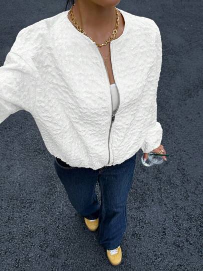 Muchica Plain White Round Neck Bomber Jacket With Regular Hem For Everyday Style White Textured Jacket White Bomber Jacket In Fall/Winter