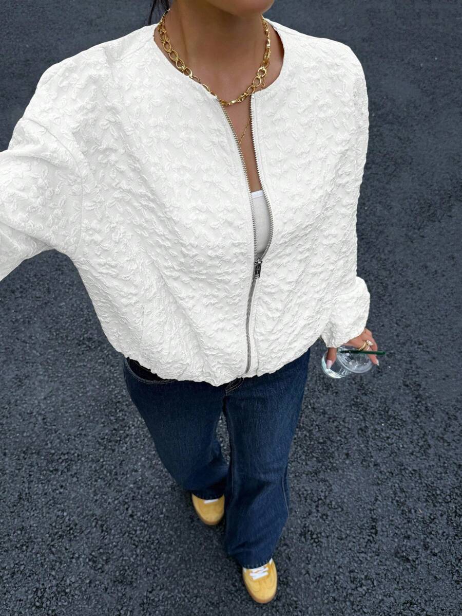 Muchica Plain White Round Neck Bomber Jacket With Regular Hem For Everyday Style White Textured Jacket White Bomber Jacket In Fall/Winter - White - View 1