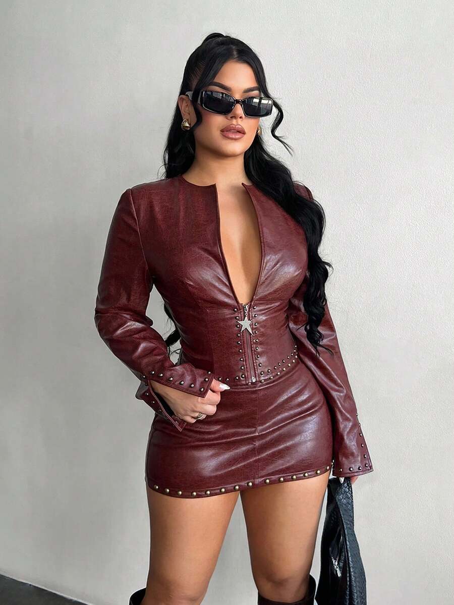 SHEIN SXY Y2K 铆钉装饰低腰皮革迷你裙 - 棕色 - 查看 1