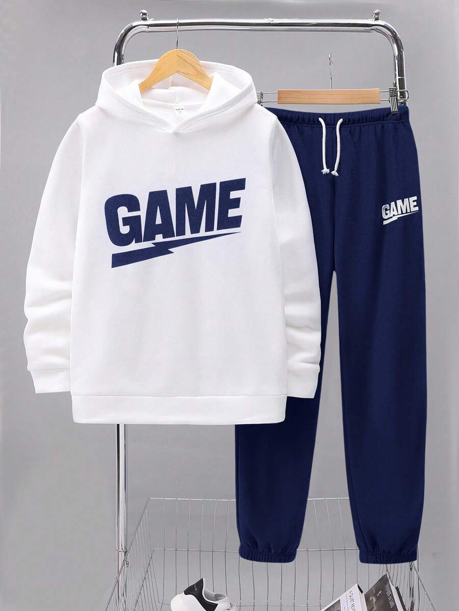 SHEIN 2 件套青少年男童休闲宽松舒适百搭连帽运动衫和慢跑裤套装，羊毛，加厚 - 藏蓝色 - 查看 1