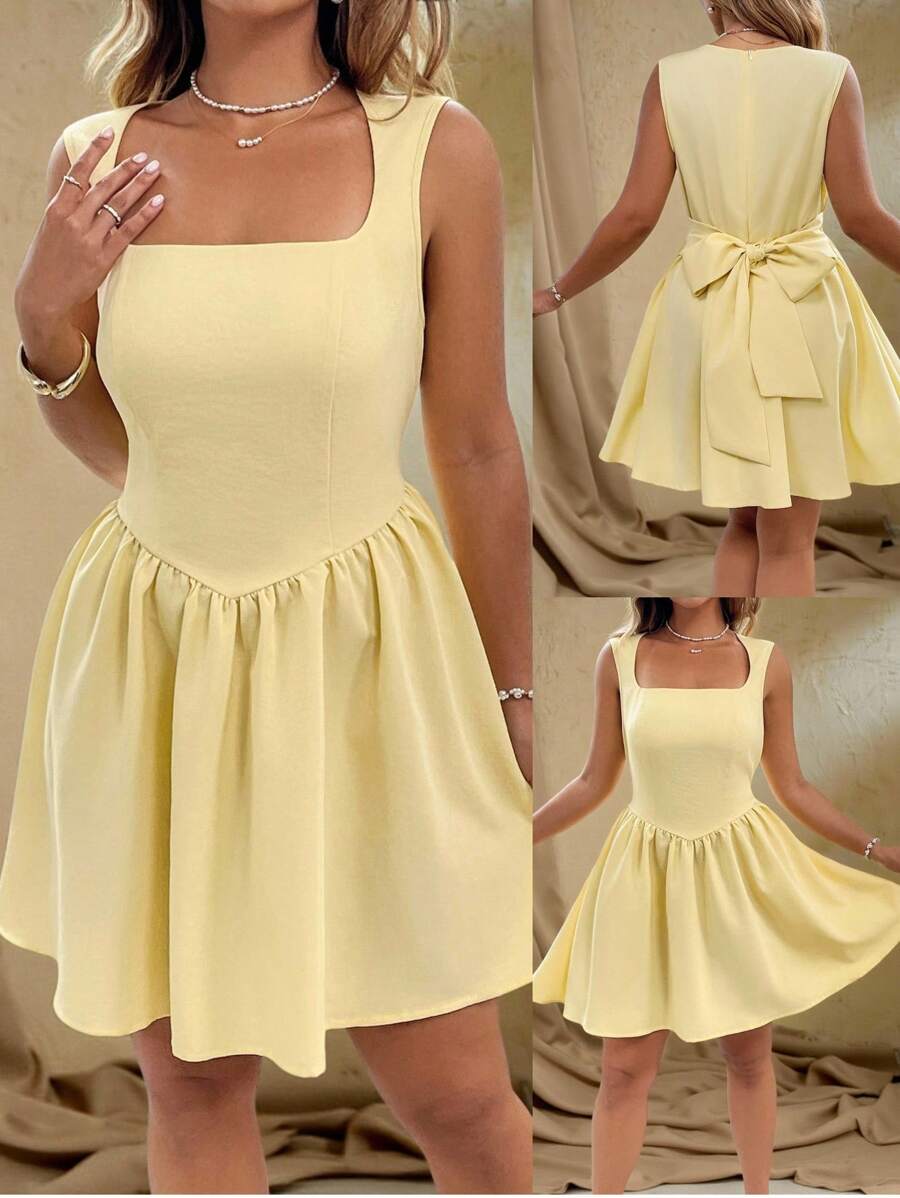 Roveilla Plus Size Solid Color Elegant Deconstructed Square Neck Backbelt Waist Hem Dress - Yellow - View 1