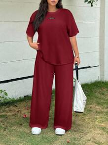 SHEIN EZwear 红色加大码女式字母印花落肩T恤和阔腿裤宽松两件套，春夏 - 紅色 - 查看 4