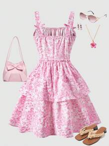 少女法式复古细肩带修身双荷叶边下摆连衣裙，适合度假、派对、春季、假日、夏季、旅行 - 彩色 - 查看 2