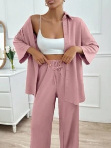 EURMUSE 2pcs Women's Solid Color Pants And Long Sleeve Blouse Set - Dusty Pink - View 4