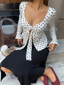 MainGRL Elegante blusa de mujer con estampado de lunares, abertura delantera y bajo con abertura