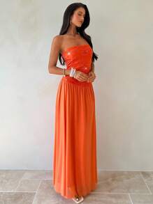 Aloruh Vestido de verano elegante sin tirantes de parches de lentejuelas naranja - Naranja - Ver 5