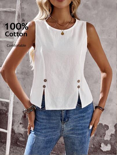 EMERY ROSE Women's Casual Plain Color Button Decor Split Hem Loose Sleeveless Blouse, Summer