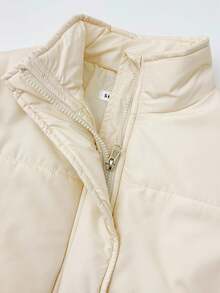 Casual Minimalist Beige Stand Collar Thick Padded Coat For Tween Girls Versatile For Commuting Fall Winter - Beige - View 6