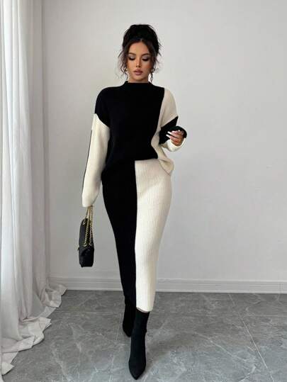 Elenzga 女士 Aniusta 拼色复古圆领毛衣上衣和裙子套装，优雅百搭，适合节日、音乐节、教师节、秋冬