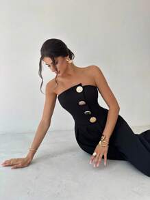 Firerie Women's Solid Color Off-The-Shoulder Metal Button Ruched Elegant Jumpsuit, Sexy Elegant Commuter Wide-Leg Pants, Spring/Summer Clothing, Commuting, Elegant, Sexy, Music Festivals, Romantic, Dating, Parties, Wedding Season, Graduation Outfit, Graduation Prom, Performance Costume, Concert, Work Attire - Black - View 7