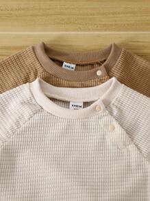 SHEIN 2 件女婴罗纹插肩袖连体衣（含长裤），秋冬 - 彩色 - 查看 3