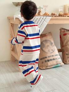 Hapijoa Baby Boy Spring/Autumn Plaid Casual Homewear 2 Pieces Set, Toddler Fall Clothes Boys Striped Pajamas - Blue - View 2