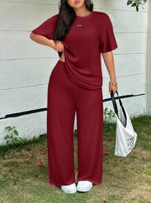 SHEIN EZwear 红色加大码女式字母印花落肩T恤和阔腿裤宽松两件套，春夏 - 紅色 - 查看 6