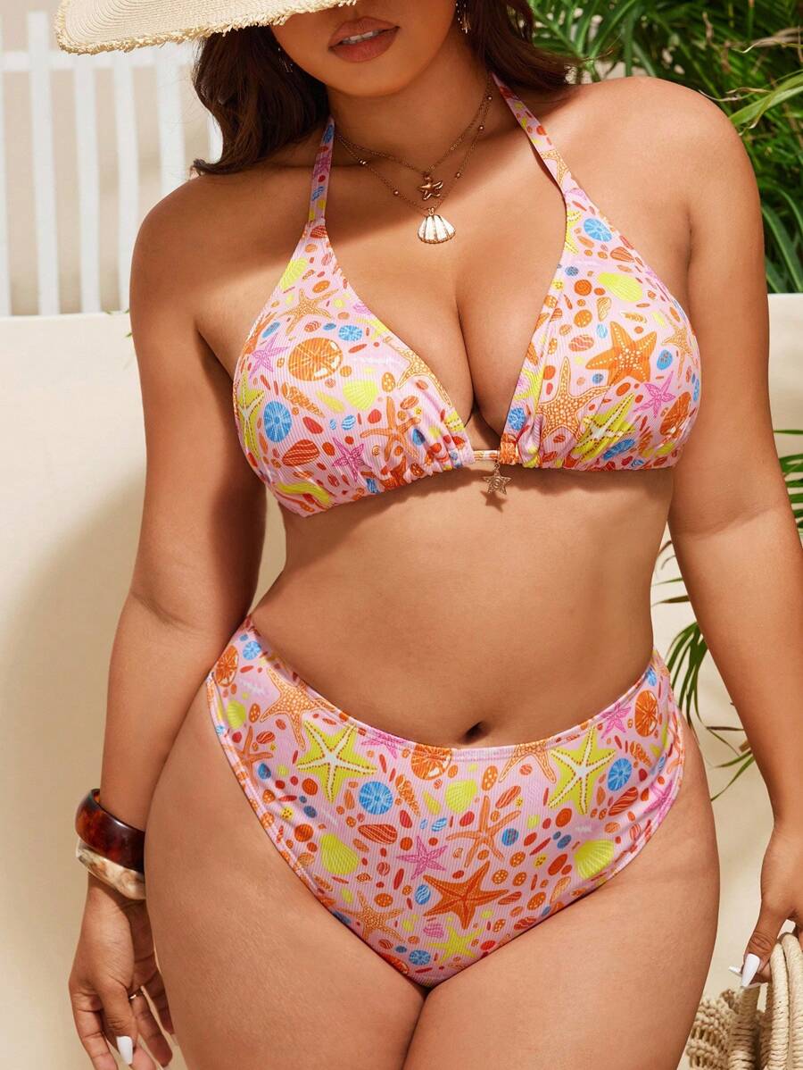 Swim Mod Plus Size Women's Halter Backless Ocean Print Bikini Set For Summer Beach Vacation - Multicolor - View 1