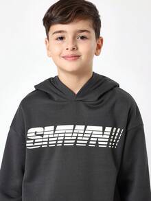SUMWON Conjunto Esportivo Oversized Juvenil com Moletom com Capuz e Estampa de Slogan e Shorts Combinando, Conjunto Casual de Duas Peças para Primavera, Outono, Inverno - Chumbo - Visão 5
