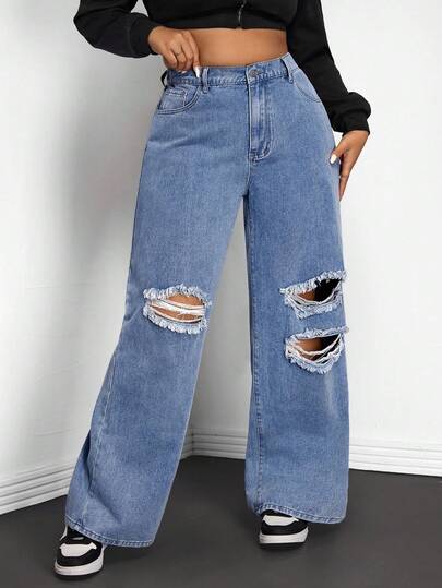 SHEIN ICON 大码休闲水洗做旧阔腿牛仔裤