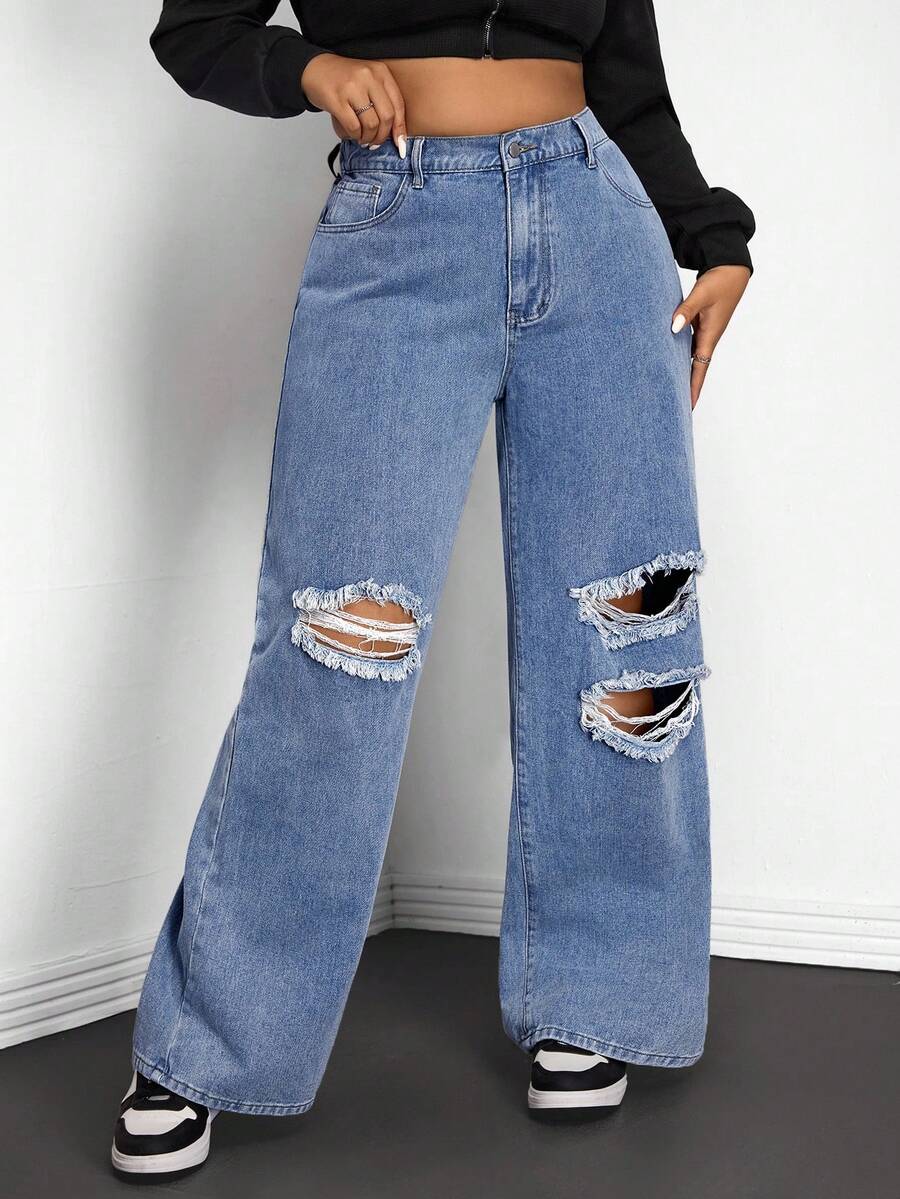 SHEIN ICON Plus Size Casual Washed Distressed Wide Leg Jeans