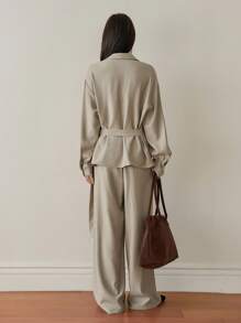 Dazy-Less 2pcs Women's Casual Business Commute Outfit,Asymmetric Hem Drawstring Tie Shirt Top And Straight Leg Pants Set,Khaki,Autumn,Chic,Everyday Lounge Sets - Apricot - View 5