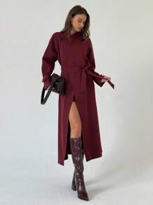 Aloruh Minimalist Commuter New Eggplant Purple Versatile Extra Long Tie-Waist Reversible Decorative English Style Lapel Trench Coat In Fall/Winter - Red Violet - View 9