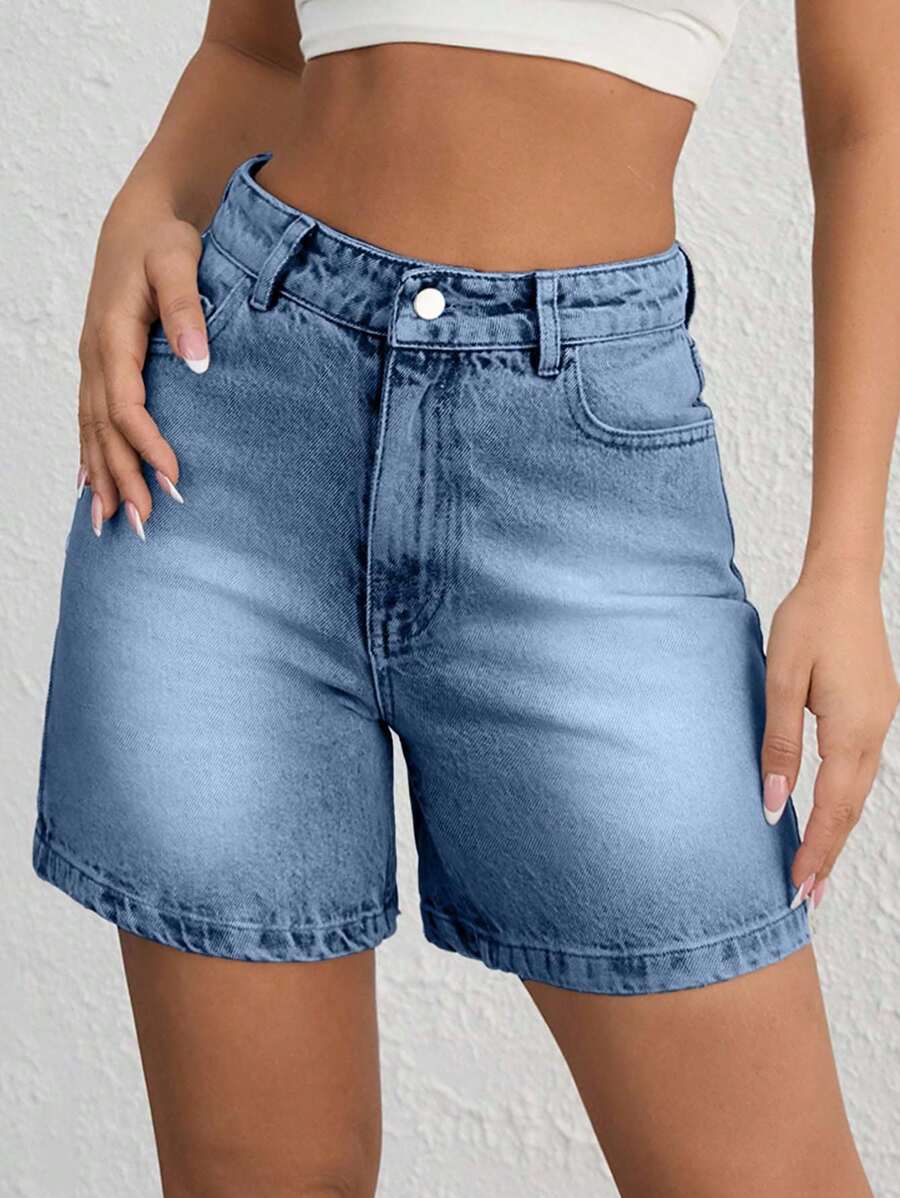 EURMUSE WOMEN VINTAGE WASH HIGH WAIST DENIM SHORT Y2K STYLE - Baby Blue - View 1