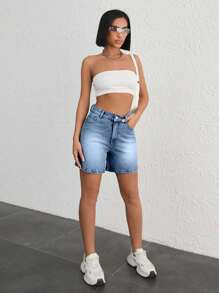 EURMUSE WOMEN VINTAGE WASH HIGH WAIST DENIM SHORT Y2K STYLE - Baby Blue - View 5