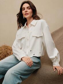 Anewsta Women's Short Embroidered Denim Jacket, Lightweight, Modern, White, Autumn/Winter - White - View 6