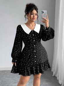 Elenzga Plus Size Women Autumn/Winter Fashion Dress With Heart Pattern And Ruffle Hem - Black - View 6