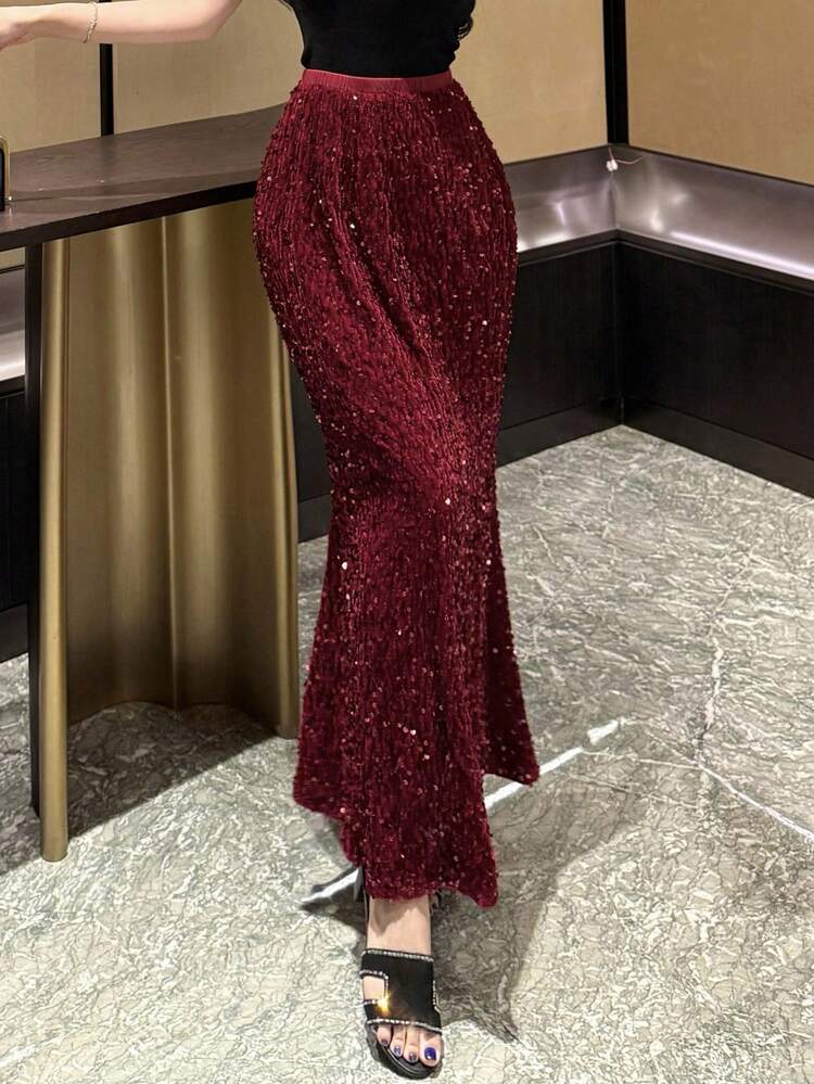 Women's Sequin Embellished Maxi Mermaid Skirt, Solid Color, Fashionable For Spring & Autumn Luxury New Years Women Carnival