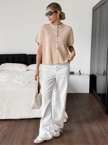 SHEIN Frenchy Women's Solid Color Round Neck Batwing Short Sleeve Single-Breasted Knitted Cardigan Winter Casual - Apricot - View 5