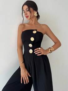 Firerie Women's Solid Color Off-The-Shoulder Metal Button Ruched Elegant Jumpsuit, Sexy Elegant Commuter Wide-Leg Pants, Spring/Summer Clothing, Commuting, Elegant, Sexy, Music Festivals, Romantic, Dating, Parties, Wedding Season, Graduation Outfit, Graduation Prom, Performance Costume, Concert, Work Attire - Black - View 4