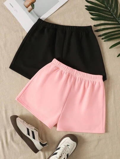 2pcs/Set Tween Girls' Casual Solid Color Knit Wide Leg Shorts Shorts For Teenager Girl Black Shorts Clothes For Girls Solid Color Shorts Casual Shorts