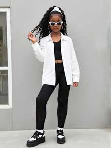 Conjunto casual simple de 3 piezas para niñas: Camiseta de tirantes negra, pantalones largos y conjunto de ropa con camisa blanca, conjunto de ropa de mujer, conjunto de ropa de 3 piezas