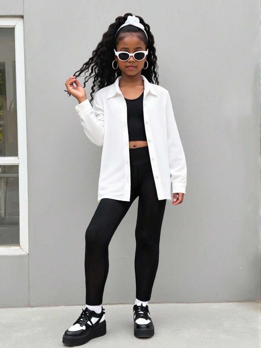 Conjunto casual simple de 3 piezas para niñas: Camiseta de tirantes negra, pantalones largos y conjunto de ropa con camisa blanca, conjunto de ropa de mujer, conjunto de ropa de 3 piezas