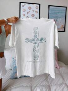 Las olas del mar son talla grande poderosas que él Salmo 104:26 Impresión de patrón, Impresión de patrón de la Biblia, Patrón de impresión de elemento de mar de cruz, Shell Shell, Regalo para creyentes de Jesús, Camiseta casual de mujer de unicolor suelto de manga corta, Primavera/Verano 2025 Nuevo